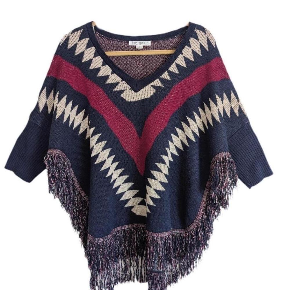 Boho Southwestern Print Navy Blue Aztec Print Fringe Pancho Sweatshirt